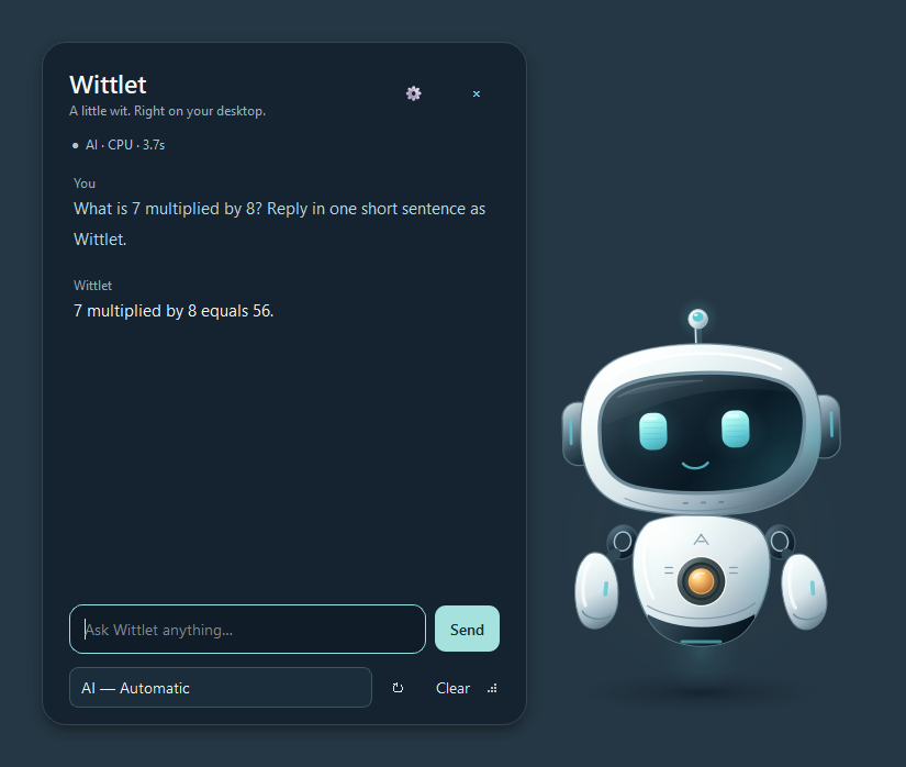 Actual Wittlet desktop application with its chat panel beside the Orbit character